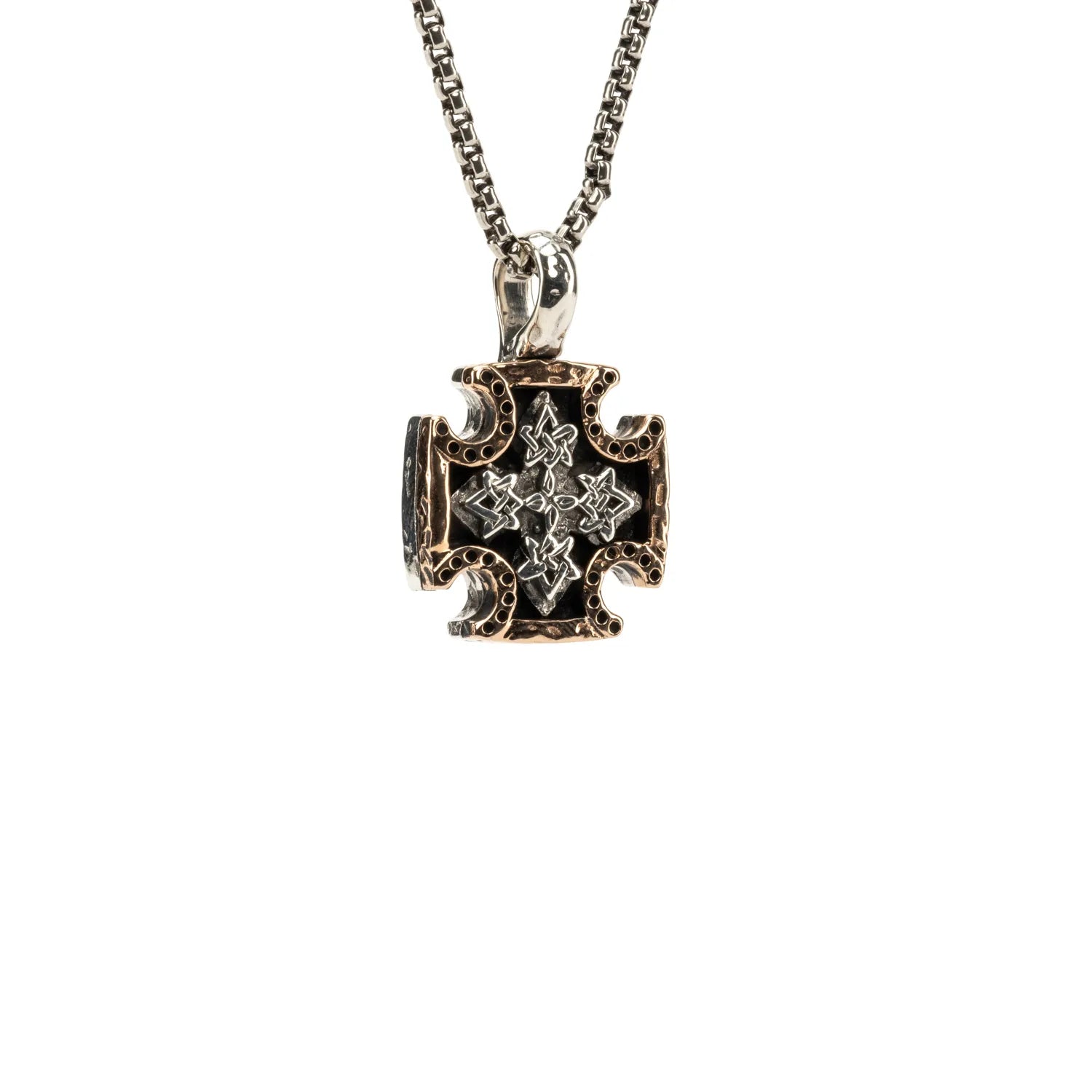 Keith Jack Sterling Silver Oxidized + Bronze Small Biker Cross Pendant (Four points of honour, four horseshoes for luck)