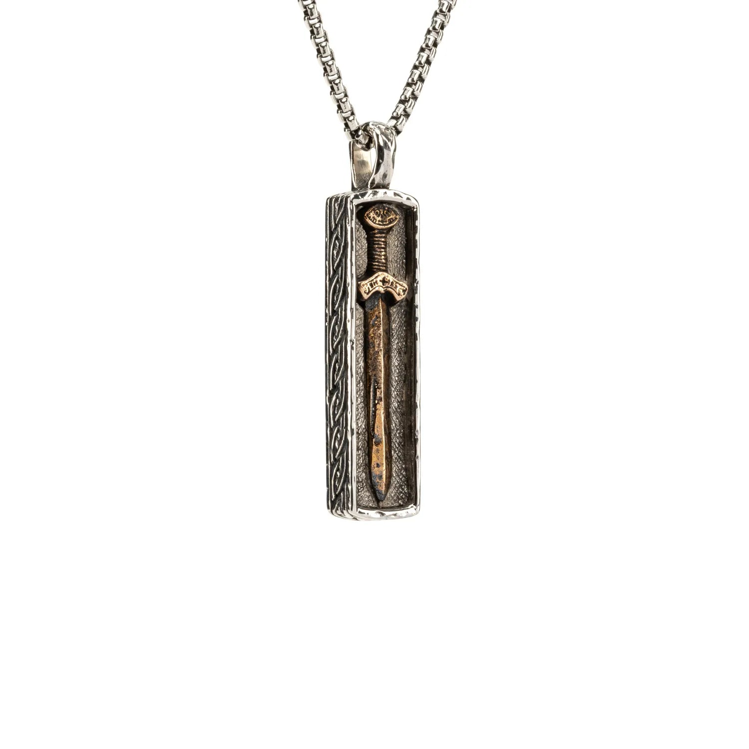 Keith Jack Sterling Silver Oxidized + Bronze Small Framed Viking Sword Pendant (Strength and Power)