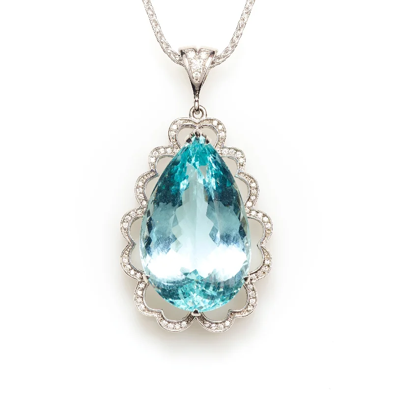 Custom-Made Pear Shape Aquamarine and Diamond Pendant Necklace made in 18K White Gold