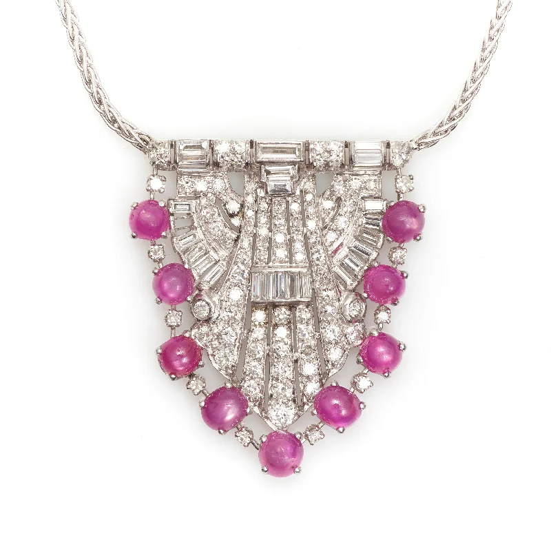 Statement Estate Art Deco Platinum Star-Ruby and Diamond Fixed Pendant Necklace