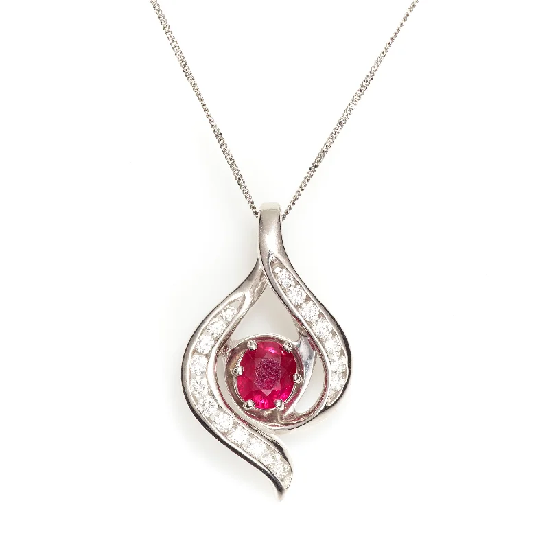 Custom-Made Round Suspended Ruby and Diamond Bypass Pendant Necklace in 14k White Gold