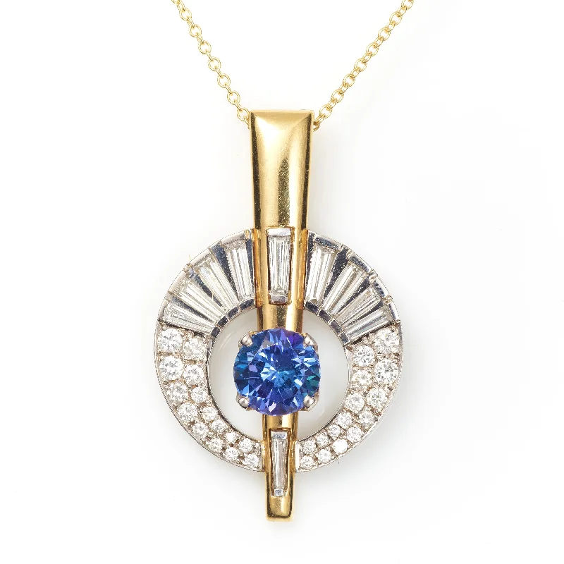 Estate Tanzanite and Baguette Diamond Power Pendant Necklace Made in 14k Yellow Gold