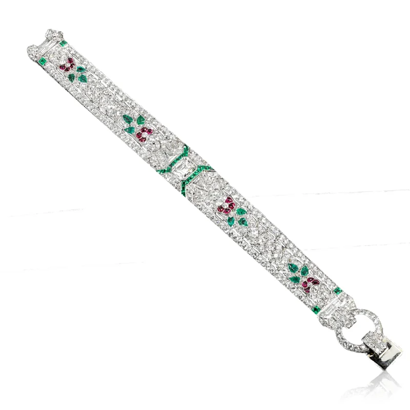 Oscar Heyman Bros Art Deco Platinum Diamond, Emerald & Ruby Bracelet