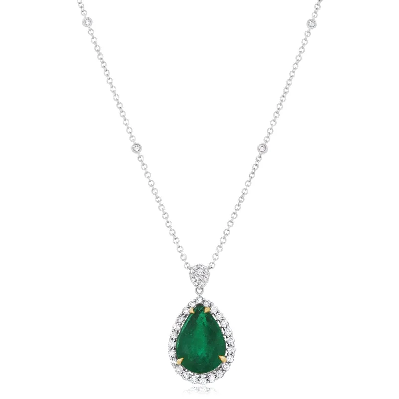 Pear Shape Emerald & Diamond Halo Station Pendant Necklace