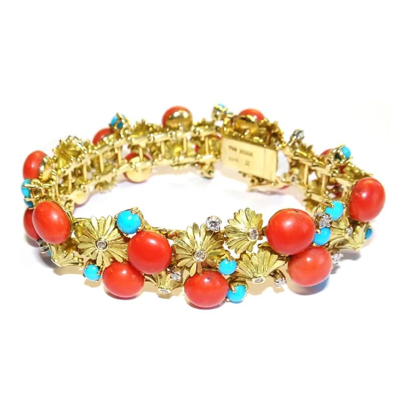 René Kern 1960s 18KT Yellow Gold Coral, Diamond & Turquoise Bracelet