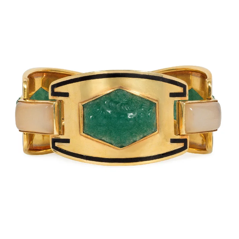 Sasportas French Art Deco 18KT Yellow Gold Jade, Chalcedony & Enamel Bracelet