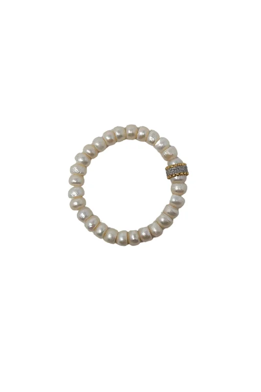 V604B The Woods White Pearl Bracelet with Diamond and Brass Bead