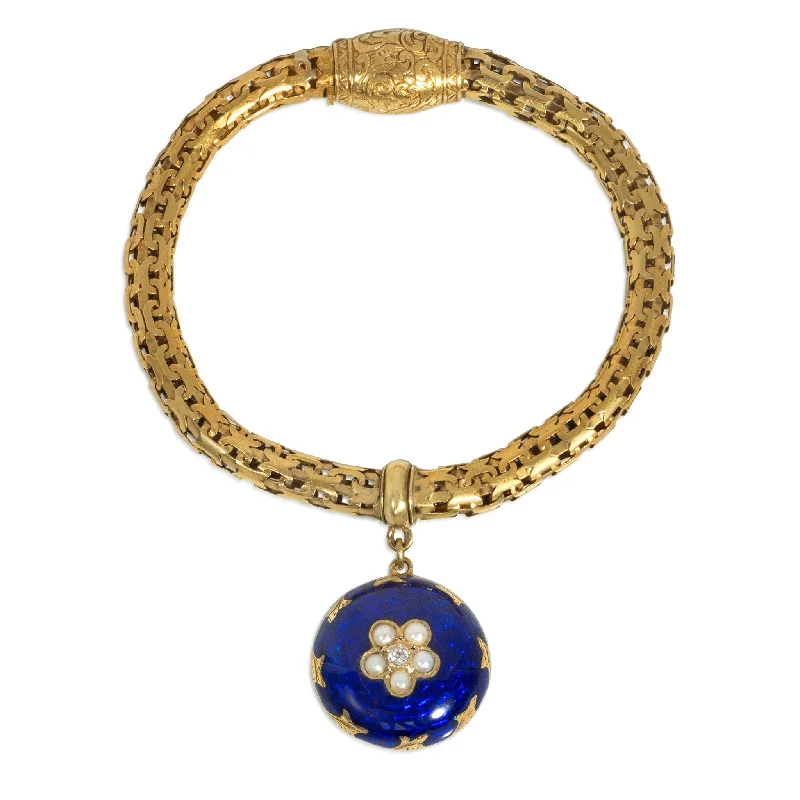 Victorian 18KT Yellow Gold Diamond, Enamel & Natural Pearl Locket Bracelet